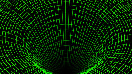 Background 3D with green neon lines, black hole space bend concept, science design  render illustration.