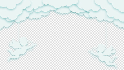 Concept love greeting card. Clouds or nubes and with amour or cupid on a transparent background. Happy Valentine's Day or Woman's Day. Vector illustration