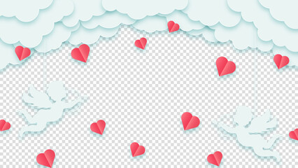 Happy Valentine's Day or Woman's Day. Concept love greeting card. Clouds or nubes and red hearts with amour or cupid on a transparent background. Vector illustration