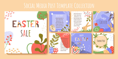 Happy Easter social media post template collection. Sale banner design with eggs, bunny, doodle plants in bright color. Set of square trendy templates perfect for cards, invitations, online ad. Vector