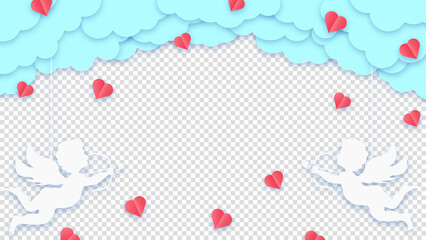 Happy Valentine's Day greeting card. Blue clouds or nubes and red hearts with amour or cupid on a transparent background. Vector illustration