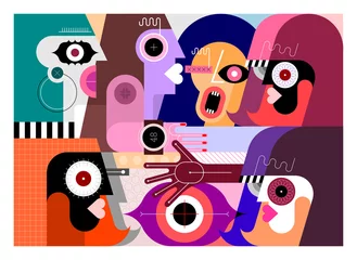  Zes volwassen mensen en één groot oog. Moderne geometrische kunst digitaal schilderen van groep mensen vectorillustratie. ©  danjazzia