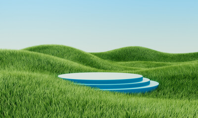 Green grass field whith blue cilinder. Podium. Summer landscape scene mockup. 3d illustration