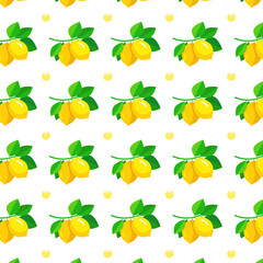 Vector Fresh lemon pattern. 100% juicy and yummi. Lemons with green leafs and branch.