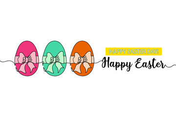 Continuous one simple single line drawing of easter eggs with bows icon in silhouette on a white background. Linear stylized.