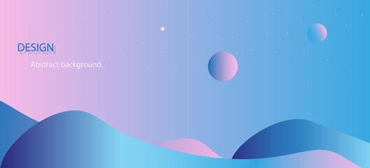 Design abstract background vector pink with blue wavy liquid, drawing of mountains and planets long banner template for social media and website