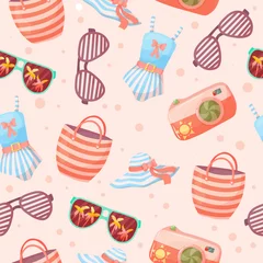 Gordijnen Bright summer pattern from different items. Vacation items by the sea. Summer weekend. Seamless pattern of summer accessories. © Oksana