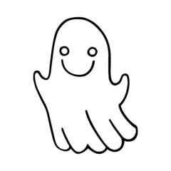 A cute little smiling ghost in a white sheet. Funny flying ghost with his hands up. Cartoon character. Hand-drawn vector illustration in doodle style, isolated. A Halloween symbol. For cards, tattoos.
