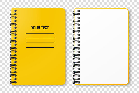 Horizontal spiral spring yellow notepad with space for your image or text on transparent background for mockup. Notebook vector design concept. Clipart illustration. Top view