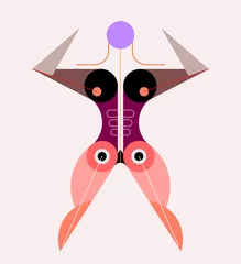  Gekleurde afbeelding geïsoleerd op een witte achtergrond Bauhaus vrouwelijke bodybuilder Model vectorillustratie. Abstract ontwerp van gespierde menselijke figuur met open benen en handen omhoog. ©  danjazzia