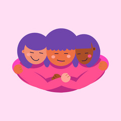 Simple women's day vector illustration on the pink background. Female solidarity, equality. International women's day. Girls friendship. Pastel pink, purple colors. Women's rights. Smiled faces.