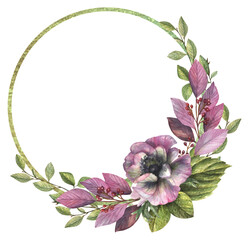 Watercolor illustration of a floral wreath of pink twigs and berries, anemone flower and green leaves