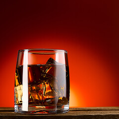 A glass of whiskey or cognac and ice cubes, close-up on a wooden table. Red background with gradient.