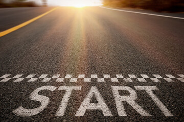 start text on road. Business concept of start line on road concept for business planning, strategy and challenges or career path, opportunity and change.