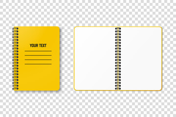 Horizontal spiral spring yellow notepad with space for your image or text on transparent background for mockup. Notebook vector design concept. Clipart illustration. Top view