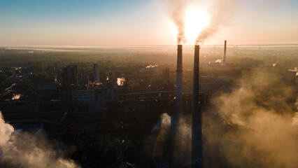 factory smoke from chimneys from a height panorama