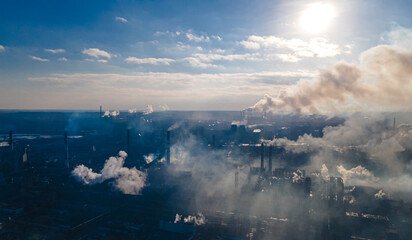 metallurgical plant smoke from chimneys industry drone photography