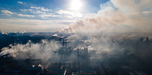 metallurgical plant smoke from chimneys industry drone photography
