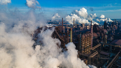 Fototapeta premium metallurgical plant smoke from chimneys industry drone photography