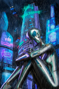 A metal cyborg girl sits in the rain in the city of the future.