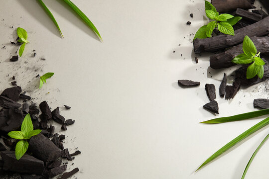 Flatlay of bamboo activated charcoal and charcoal powder decorate with green leaf in white background 