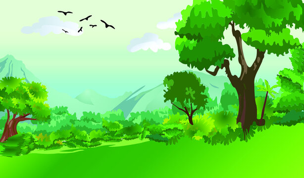 Illustration of a summer forest landscape in cartoon style Vector. 