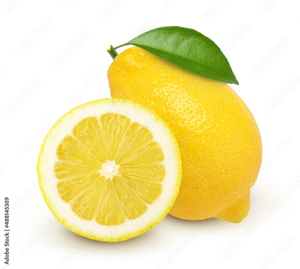 Poster ripe lemon fruit and sliced with leaves isolated on white background, fresh and juicy lemon