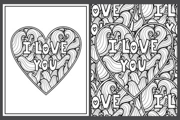 I Love You doodle heart coloring pages set in US Letter format. Black and white Valentine’s Day patterns for antistress coloring book. Wavy mandala with quote. Vector illustration