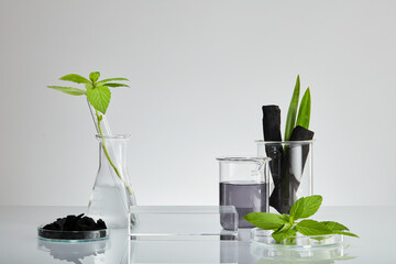 Activated charcoal research in laboratory with glassware beaker and transparent podium with green leaf and blank space in white background , front view