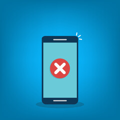 Smartphone with error alert vector illustration, mobile phone with warning icon, alarm or attention message notification, caution or broken cellphone, prohibited or access denied. 