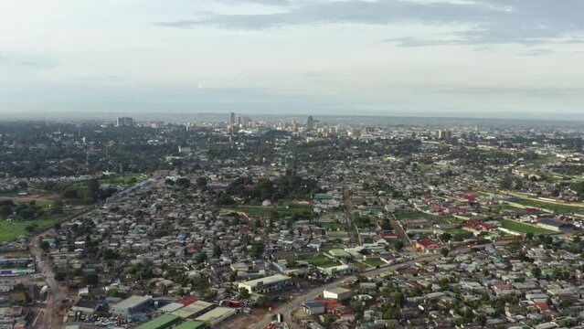 Aerial view cityscape of Lusaka Zambia. Downtown is a city with skyscrapers and one-story buildings with African architecture, off-road and beautiful scenery.