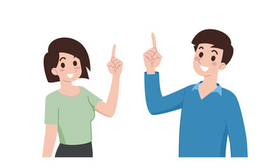 A young man and a woman smile and point gesture their finger on direction up to show a product or a banner about an advertisement. Cartoon characters pointing in various poses.