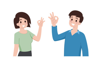 A young man and a woman smile and do the hand gesture ok or feel fine sign. Cartoon characters show their hands to prove the product or goods is good quality for advertising.