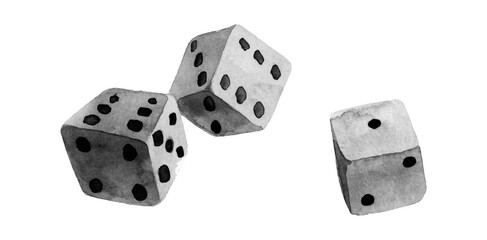 three watercolor dices on white background