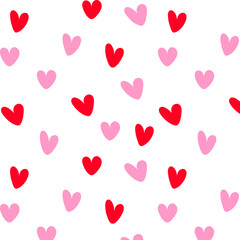 A romantic pattern with pink and red hearts drawn by hand. Vector design.