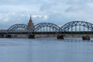 Railway Bridge over Daugava River. Riga Old Town. Medieval Gothic Architecture. Riga the capital of Latvia. Baltic states. Europe.