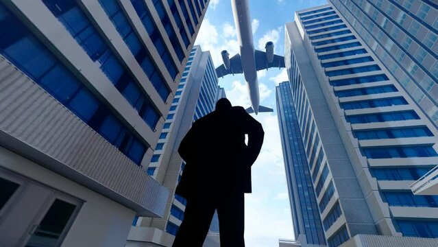 Successful people of the company stand under the office building looking up and looking forward to the future.