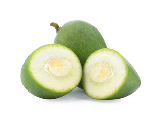 Green mango with cut in half isolated on white background. Clipping path.