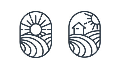 Logo set of modern rural landscape with house, sunrise and rice fields. suitable for agricultural logos, cafes, restaurants. line design. Vector illustration. oval element