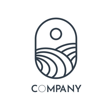 Modern rural landscape logo with hilly rice fields and sunset. line design. Vector illustration. oval elements. suitable for company logos, cafes, and restaurants.