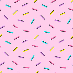 Cute colorful vector seamless pattern background with confetti, lines, geometric shapes for 80s, 90s design.
