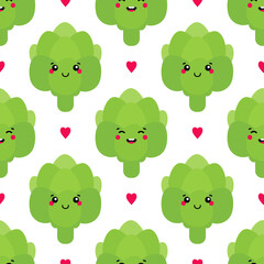 Cute cartoon style vector seamless pattern background with green artichoke characters and pink hearts.