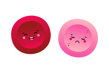 Cute happy and sad red blood cells, erythrocytes characters for blood donation, medical and healthcare design.