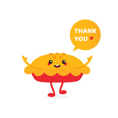 Cute smiling cartoon style sweet pie character with speech bubble saying thank you, showing appreciation, gratitude. - 488149146