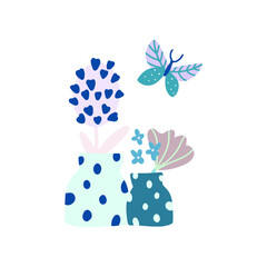 Flowers bouquet composition in vases, butterfly on white background. Vector clipart. 