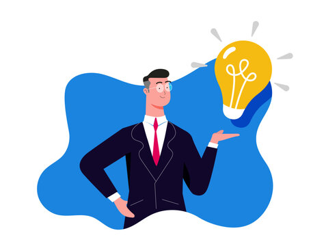 Concept of new ideas for business. Happy businessman showing bright bulb. 