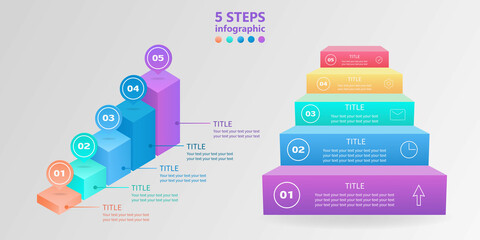 Business infographics set. Ladders from 5 stages. 3 D. Vector illustration.