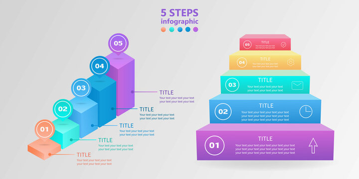 Business infographics set. Ladders from 5 stages. 3 D. Vector illustration.