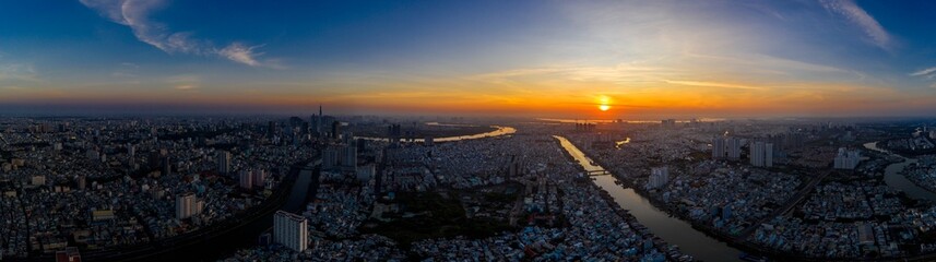 HO CHI MINH city, VIETNAM - Feb 2022 aerial view of Ho Chi Minh city skyline look from District 4...