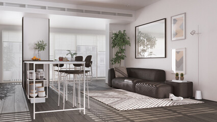 Contemporary dark and wooden living and dining room in modern panoramic apartment. Island with stools, table with chairs, sofa, carpet and decors. Interior design concept